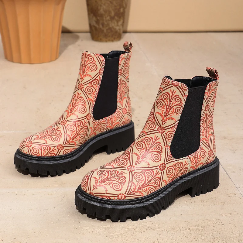 Damen Chunky Chelsea‑Boots mit buntem geometrischem Patchwork und markanter Lug‑Sohle Nord Taschen