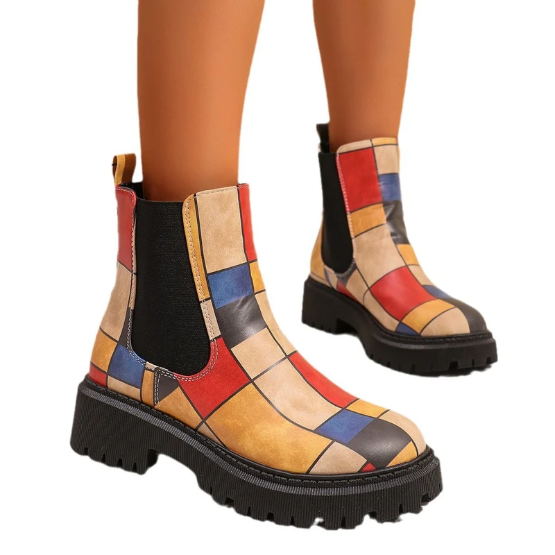 Damen Chunky Chelsea‑Boots mit buntem geometrischem Patchwork und markanter Lug‑Sohle Nord Taschen
