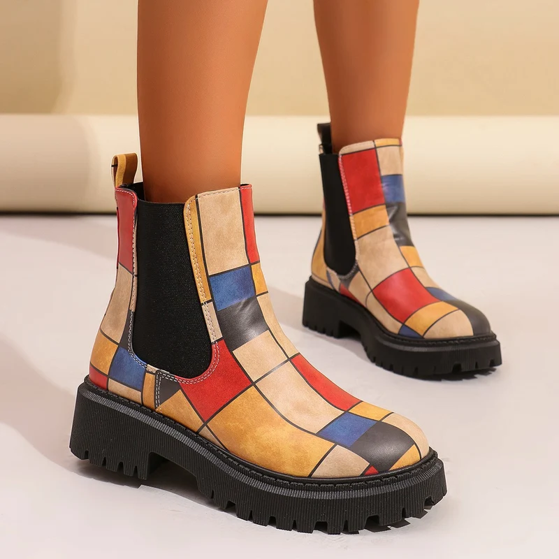 Damen Chunky Chelsea‑Boots mit buntem geometrischem Patchwork und markanter Lug‑Sohle Nord Taschen