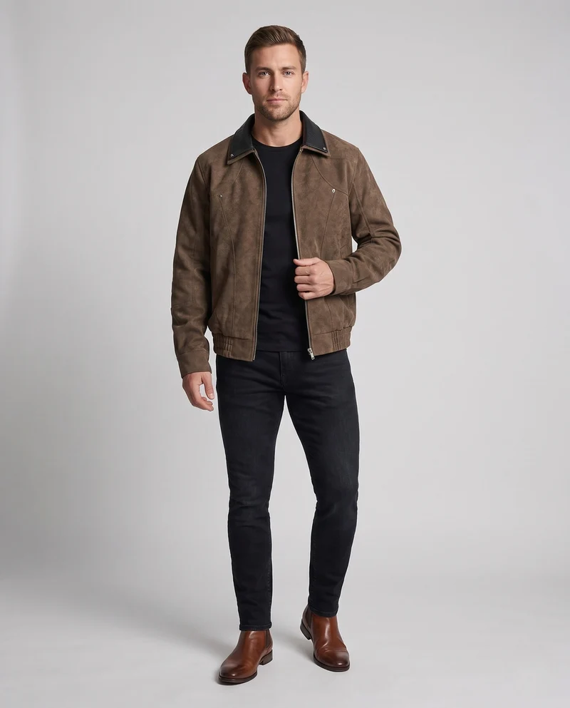 Herren Wildleder‑Optik Bomberjacke mit kontrastierendem Hemdkragen