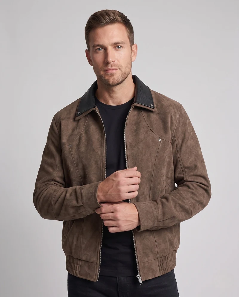 Herren Wildleder‑Optik Bomberjacke mit kontrastierendem Hemdkragen