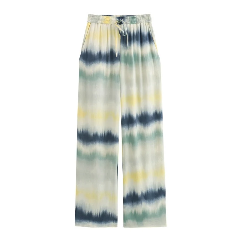 Damen Leichte Palazzo-Hose im Batik-Look mit elastischem Taillenbund, Tunnelzug und Eingrifftaschen Nord Taschen