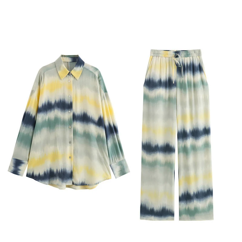 Damen Leichte Palazzo-Hose im Batik-Look mit elastischem Taillenbund, Tunnelzug und Eingrifftaschen Nord Taschen