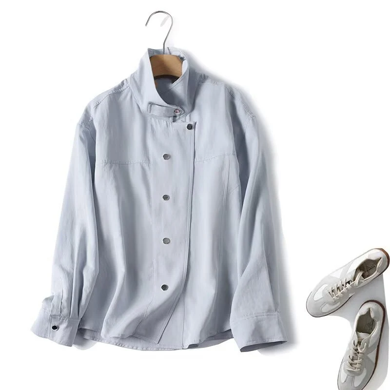 Damen Leichte Oversize-Blusenjacke mit Stehkragen und verdeckter Druckknopfleiste Nord Taschen