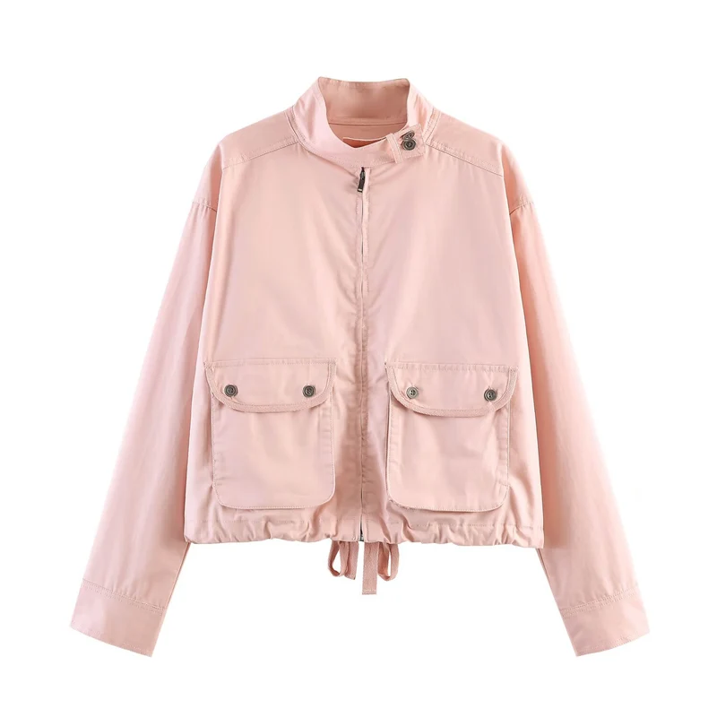 Damen Leichte kurz geschnittene Freizeit-Blousonjacke mit Stehkragen, Tunnelzug und großen Pattentaschen Nord Taschen