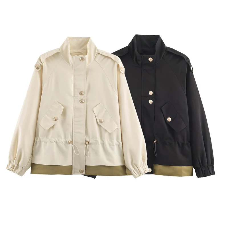 Damen leichte Fieldjacke mit Tunnelzug, Stehkragen, Epauletten und Spitzenbesatz Nord Taschen