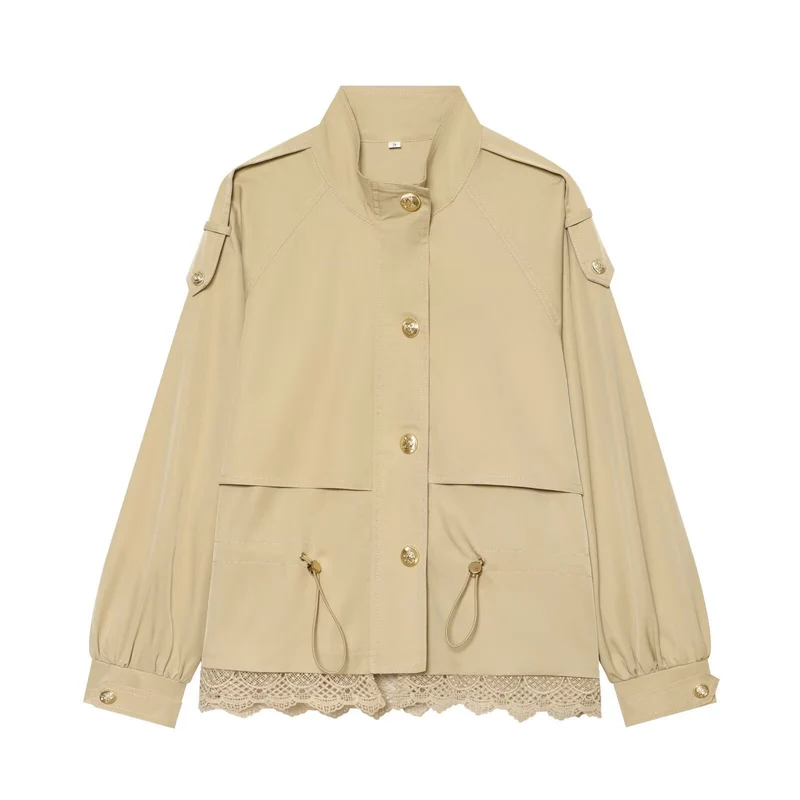Damen leichte Fieldjacke mit Tunnelzug, Stehkragen, Epauletten und Spitzenbesatz Nord Taschen