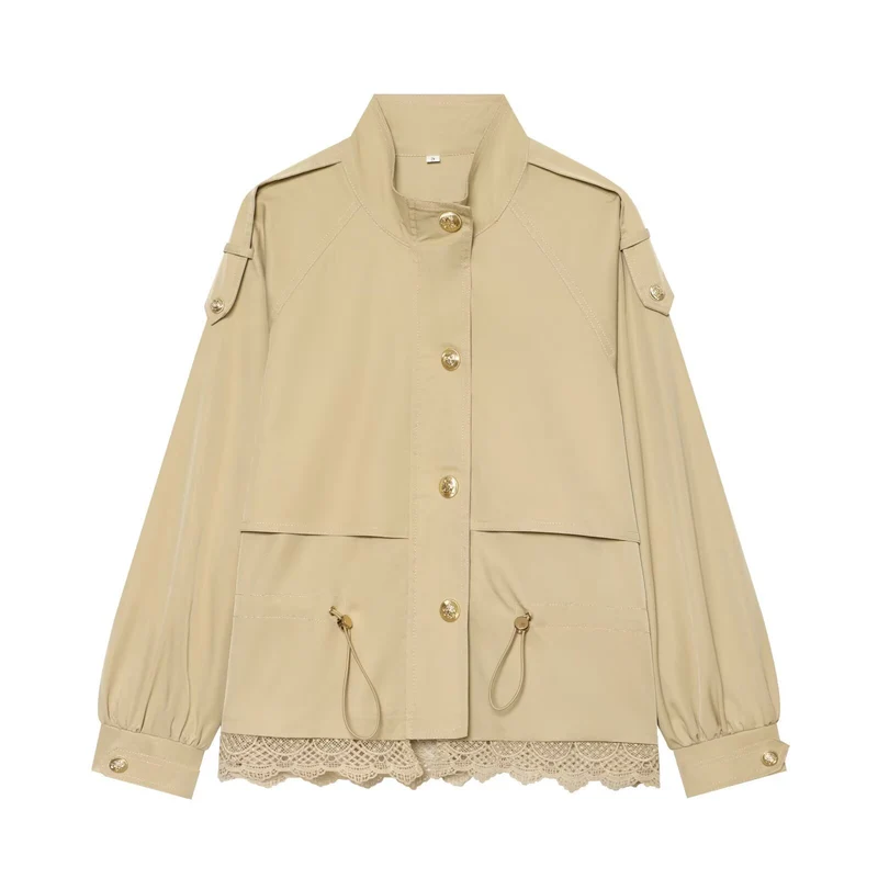 Damen leichte Fieldjacke mit Tunnelzug, Stehkragen, Epauletten und Spitzenbesatz Nord Taschen