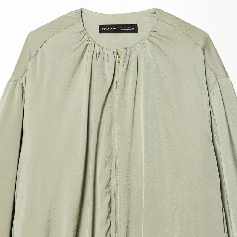 Damen Leichte Cropped-Blousonjacke mit Rundhals, Ballonärmeln und Tunnelzugsaum Nord Taschen