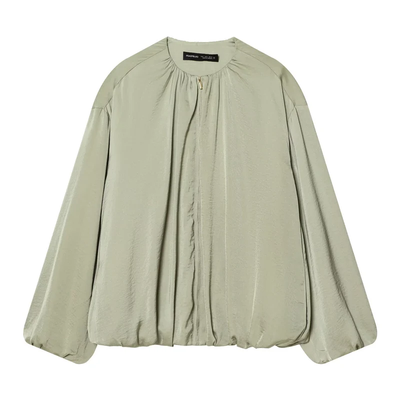 Damen Leichte Cropped-Blousonjacke mit Rundhals, Ballonärmeln und Tunnelzugsaum Nord Taschen