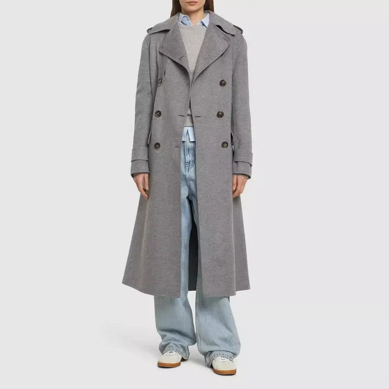 Damen Midilanger Taillierter Doppelreiher‑Trenchcoat aus Wollmix mit ausgestelltem Saum Nord Taschen