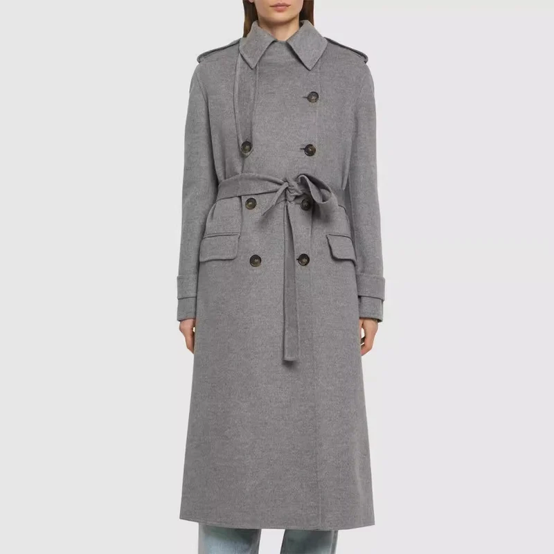 Damen Midilanger Taillierter Doppelreiher‑Trenchcoat aus Wollmix mit ausgestelltem Saum Nord Taschen