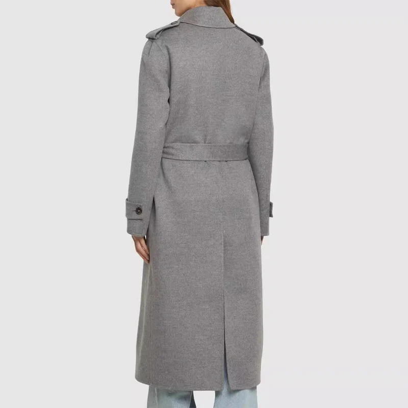 Damen Midilanger Taillierter Doppelreiher‑Trenchcoat aus Wollmix mit ausgestelltem Saum Nord Taschen