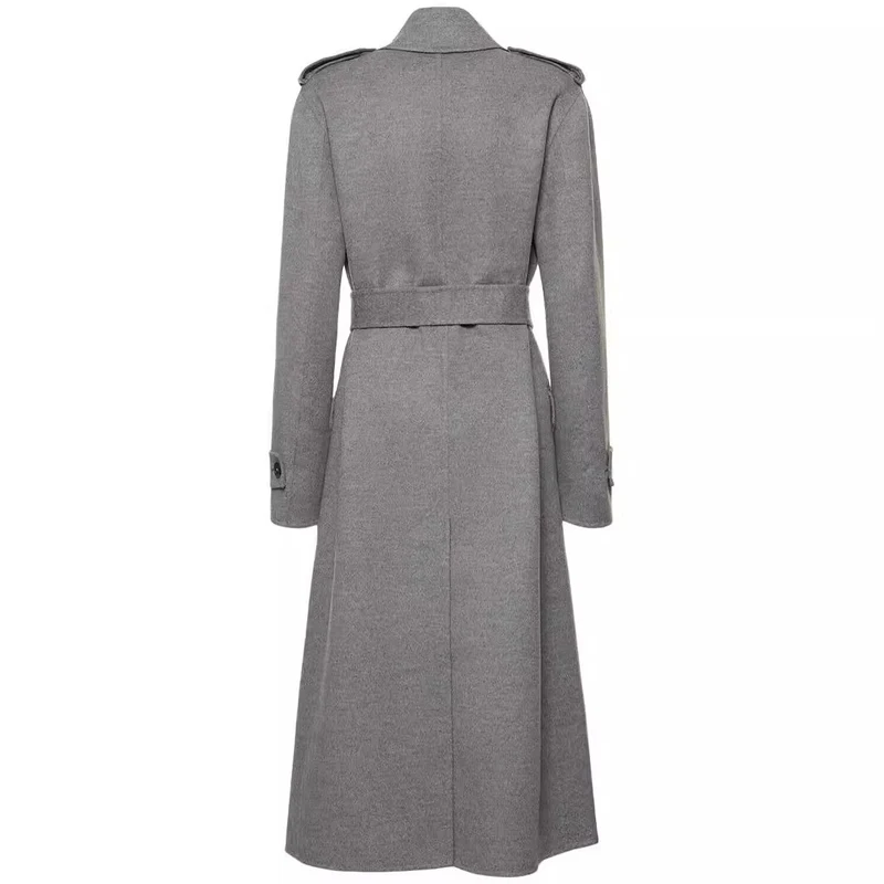 Damen Midilanger Taillierter Doppelreiher‑Trenchcoat aus Wollmix mit ausgestelltem Saum Nord Taschen