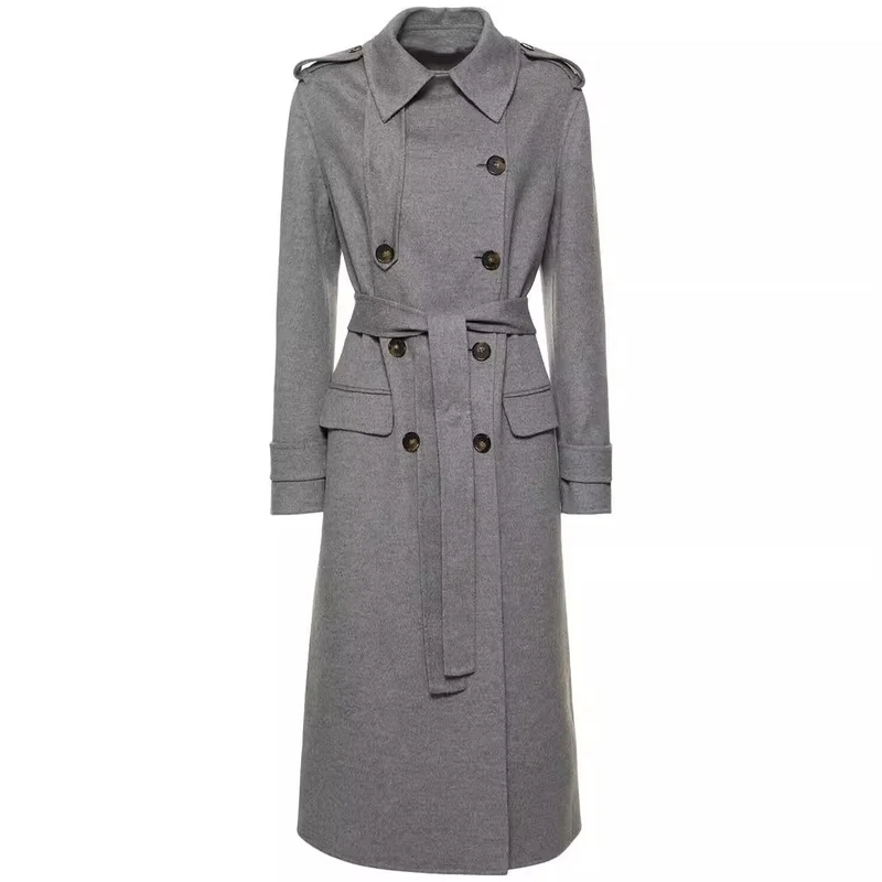 Damen Midilanger Taillierter Doppelreiher‑Trenchcoat aus Wollmix mit ausgestelltem Saum Nord Taschen