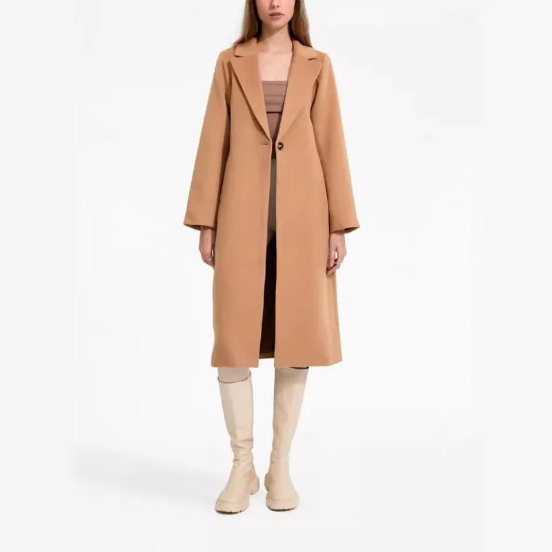 Damen Midilanger Einreihiger Wollmix-Mantel mit minimalistischem Schalkragen Nord Taschen