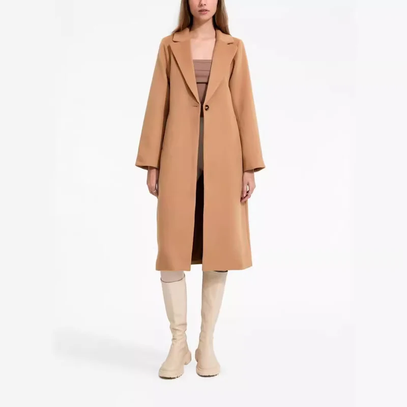 Damen Midilanger Einreihiger Wollmix-Mantel mit minimalistischem Schalkragen Nord Taschen