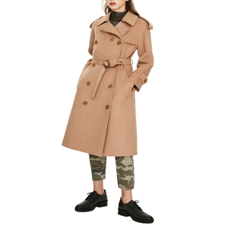 Damen Midilanger Doppelreihiger Wollmix‑Trenchcoat mit Epauletten und Taillengürtel Nord Taschen
