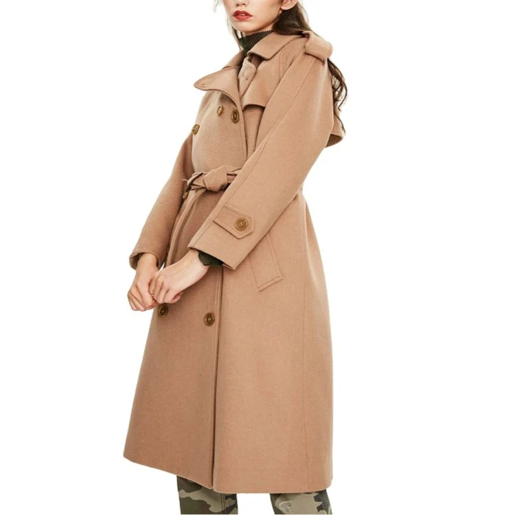 Damen Midilanger Doppelreihiger Wollmix‑Trenchcoat mit Epauletten und Taillengürtel Nord Taschen
