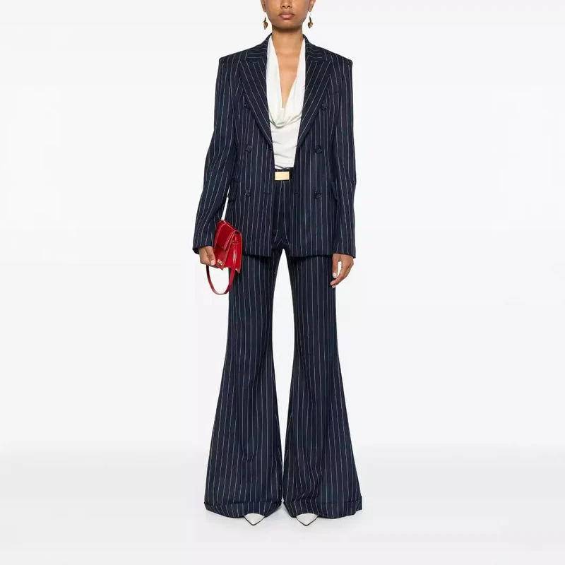 Damen Hochtaillierte Nadelstreifen Palazzohose mit weitem Schlag Nord Taschen