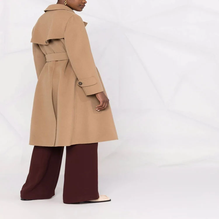 Damen taillierter doppeltreihiger Wollmix-Mantel mit Bindegürtel und A‑Linien‑Schnitt Nord Taschen