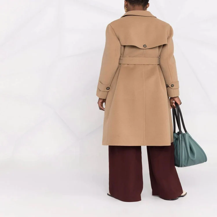 Damen taillierter doppeltreihiger Wollmix-Mantel mit Bindegürtel und A‑Linien‑Schnitt Nord Taschen