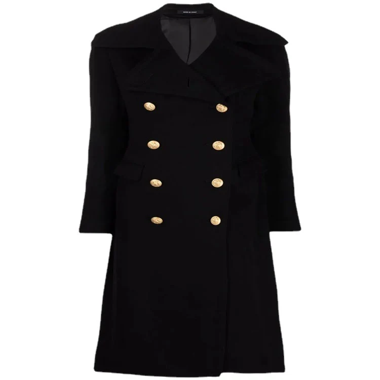 Damen Taillierter Doppelreihiger Mantel im Marine-Style mit goldenen Zierknöpfen und Pattentaschen Nord Taschen