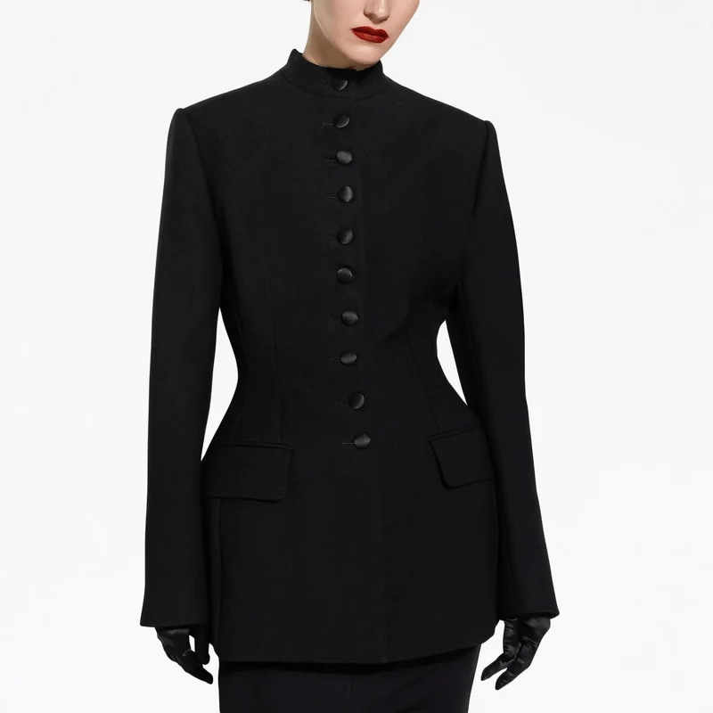 Damen Taillierter Blazer mit Stehkragen, strukturierter Schulter und dekorativer Knopfleiste Nord Taschen