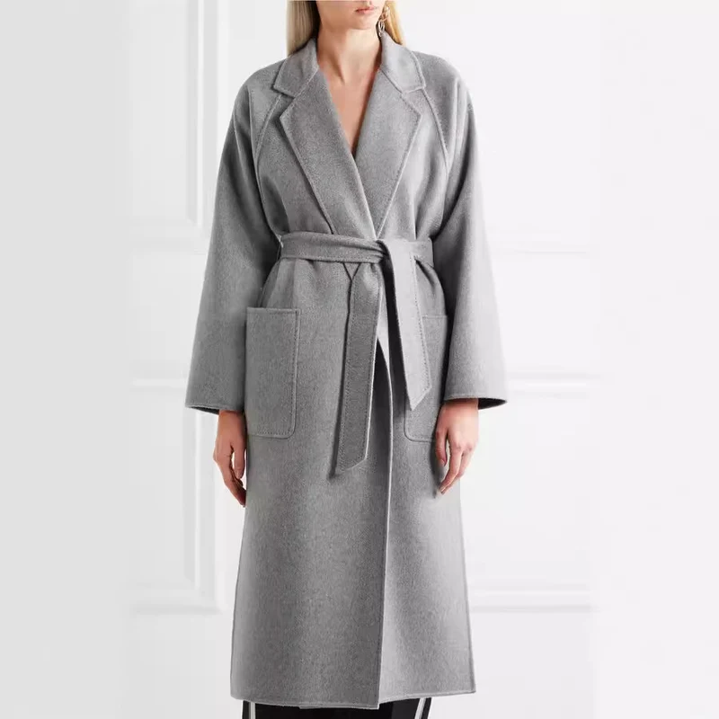 Damen Bodenlanger Offener Wollmix‑Mantel mit entspanntem Revers und fließendem Fall Nord Taschen