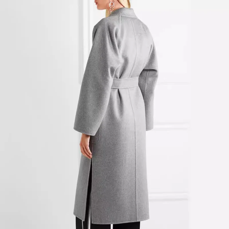 Damen Bodenlanger Offener Wollmix‑Mantel mit entspanntem Revers und fließendem Fall Nord Taschen