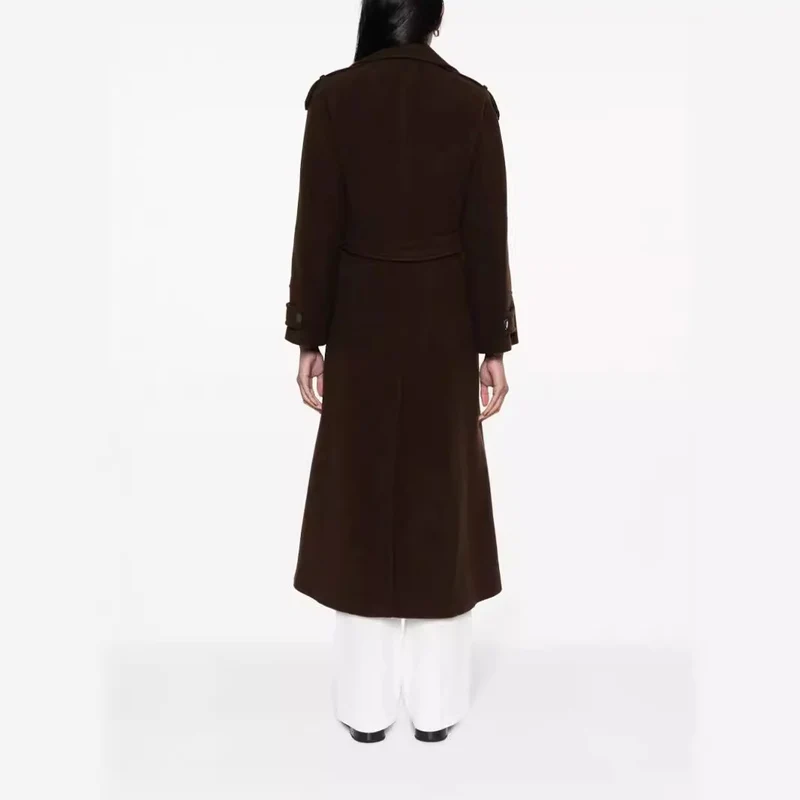 Damen Bodenlanger Doppelreihiger Trenchcoat aus Wollmix mit Schulterpatten und verdecktem Taillengürtel Nord Taschen