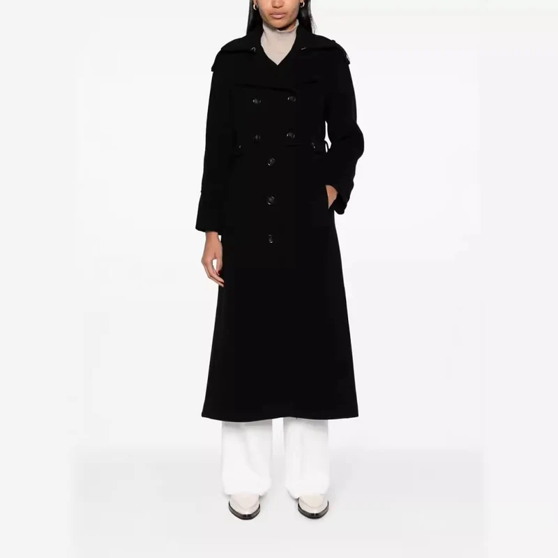 Damen Bodenlanger Doppelreihiger Trenchcoat aus Wollmix mit Schulterpatten und verdecktem Taillengürtel Nord Taschen