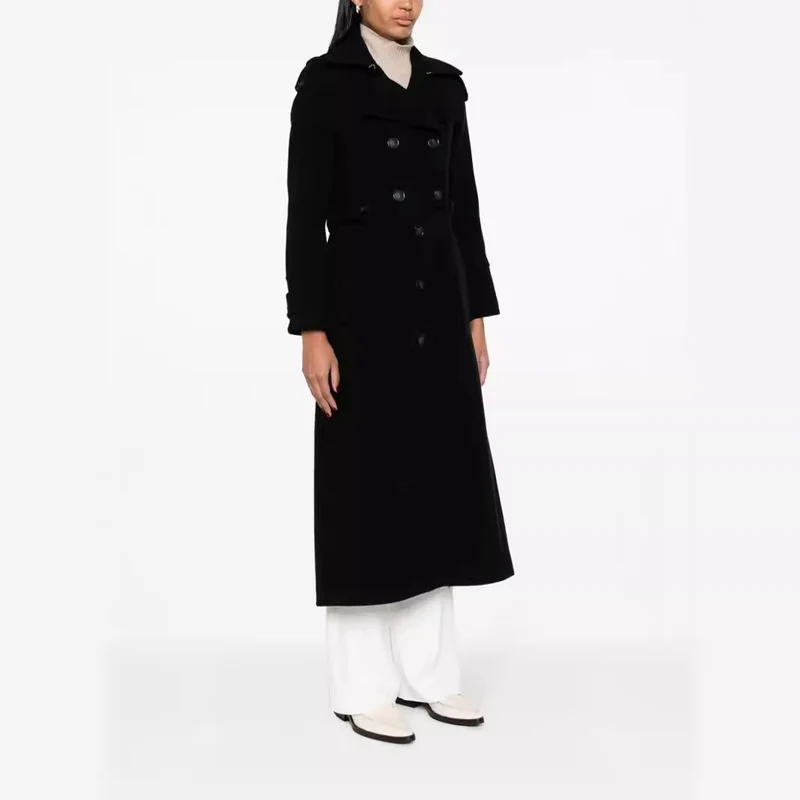 Damen Bodenlanger Doppelreihiger Trenchcoat aus Wollmix mit Schulterpatten und verdecktem Taillengürtel Nord Taschen
