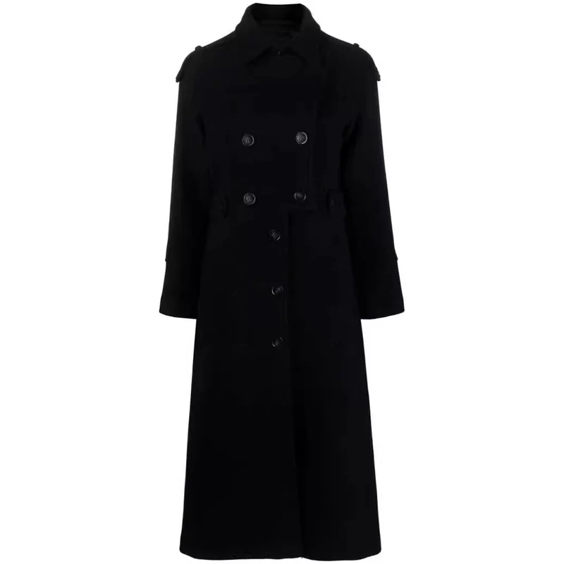 Damen Bodenlanger Doppelreihiger Trenchcoat aus Wollmix mit Schulterpatten und verdecktem Taillengürtel Nord Taschen