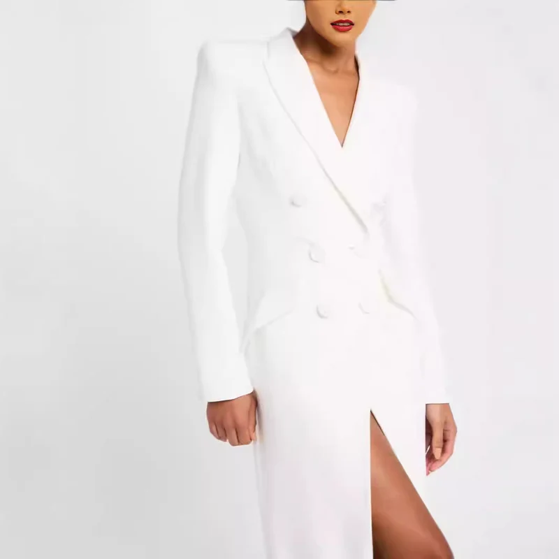 Damen Blazerkleid Maxikleid mit Doppelreiher, taillierter Silhouette und hohem Frontschlitz Nord Taschen