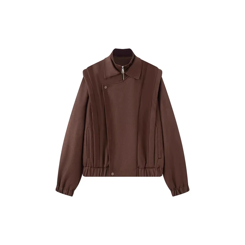 Damen Kurze Wolljacke im Bomberstil mit asymmetrischem Reißverschluss, Stehkragen und elastischem Saum Nord Taschen