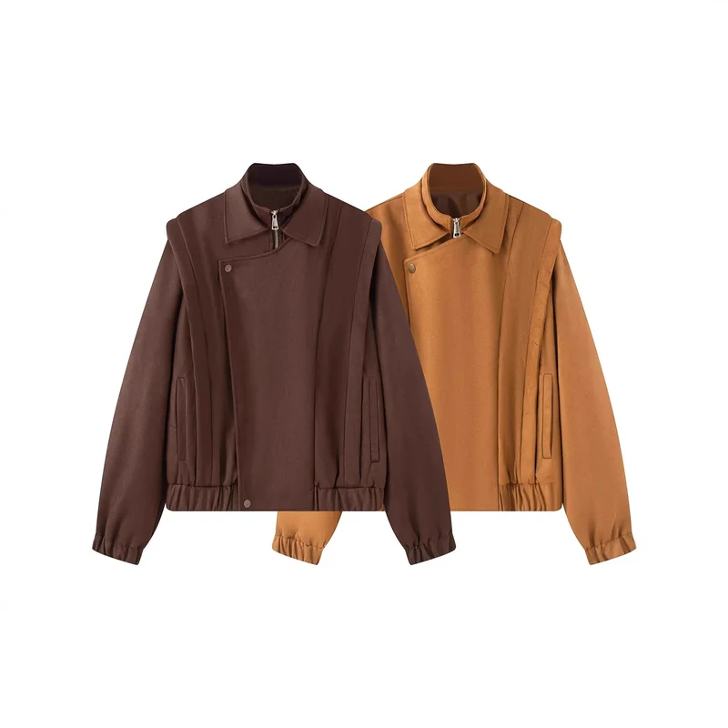 Damen Kurze Wolljacke im Bomberstil mit asymmetrischem Reißverschluss, Stehkragen und elastischem Saum Nord Taschen