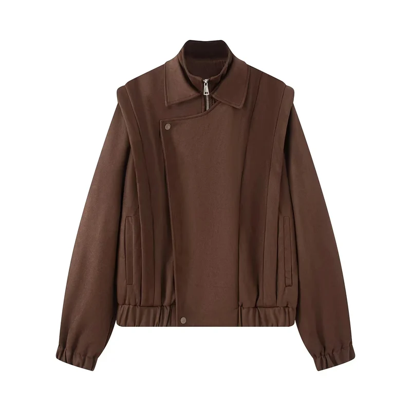 Damen Kurze Wolljacke im Bomberstil mit asymmetrischem Reißverschluss, Stehkragen und elastischem Saum Nord Taschen