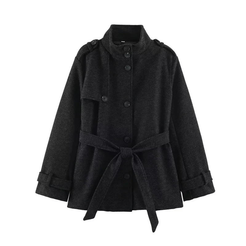 Damen kurze taillierte Manteljacke aus Wollmix mit Stehkragen, Schulterpatten und Bindegürtel Nord Taschen