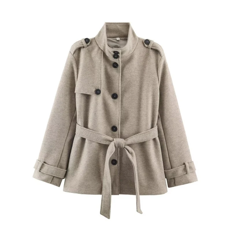Damen kurze taillierte Manteljacke aus Wollmix mit Stehkragen, Schulterpatten und Bindegürtel Nord Taschen