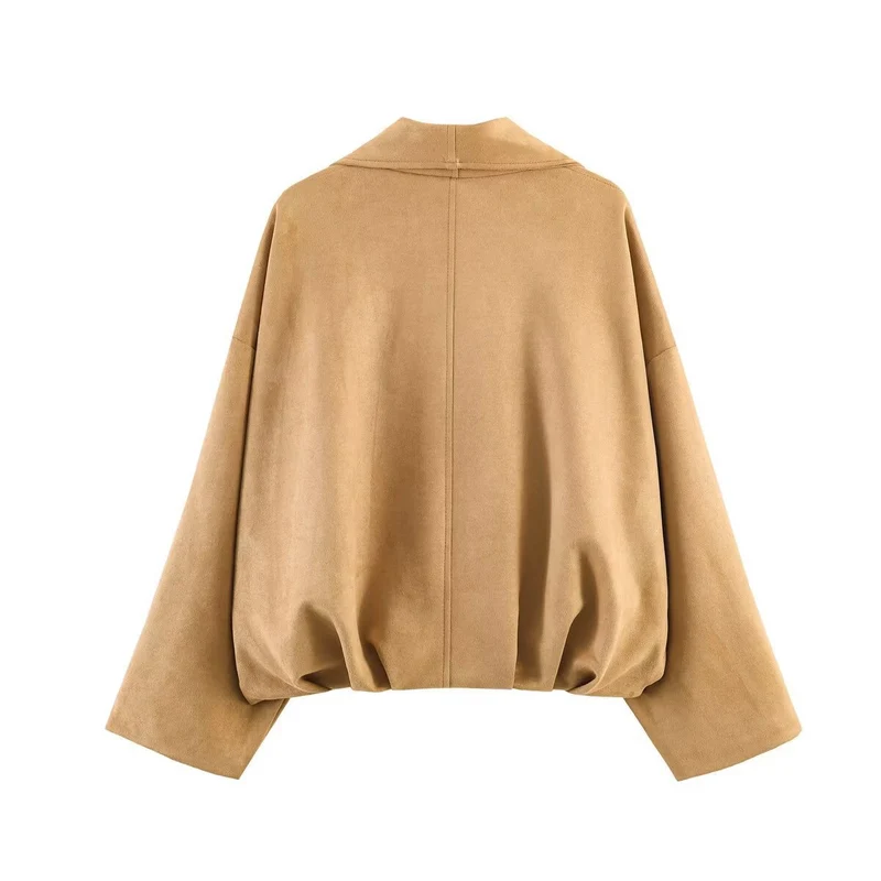 Damen Kurze Oversize Jacke aus Veloursimitat mit weitem Schalkragen Raglanärmeln und gerafftem Saum Nord Taschen