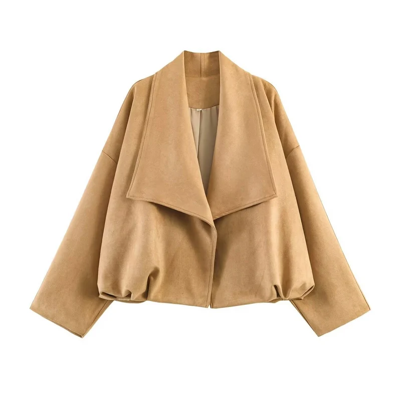 Damen Kurze Oversize Jacke aus Veloursimitat mit weitem Schalkragen Raglanärmeln und gerafftem Saum Nord Taschen