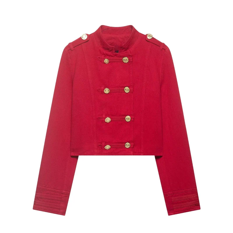 Damen Kurze Militärjacke im Cropped‑Schnitt mit Stehkragen und goldfarbenen Zierknöpfen Nord Taschen