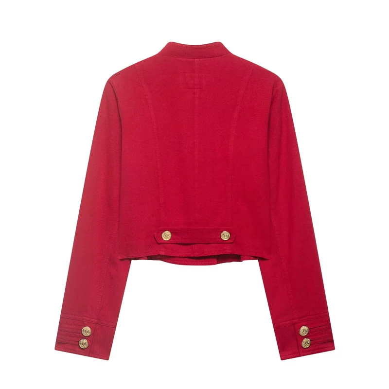 Damen Kurze Militärjacke im Cropped‑Schnitt mit Stehkragen und goldfarbenen Zierknöpfen Nord Taschen