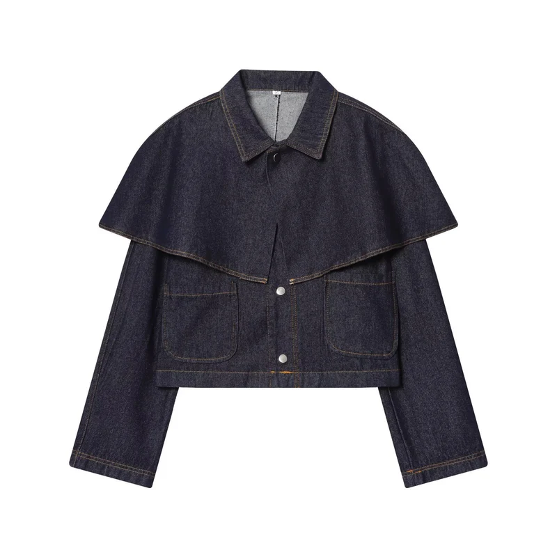 Damen Kurze Jeansjacke mit Cape‑Einsatz, Pattentaschen und Druckknöpfen Nord Taschen