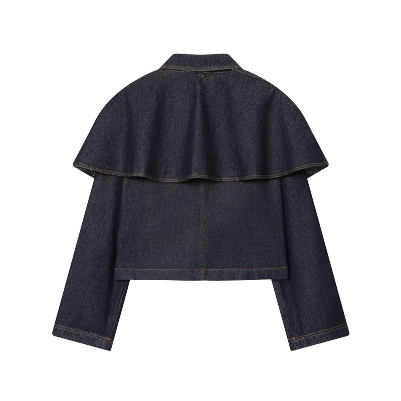 Damen Kurze Jeansjacke mit Cape‑Einsatz, Pattentaschen und Druckknöpfen Nord Taschen