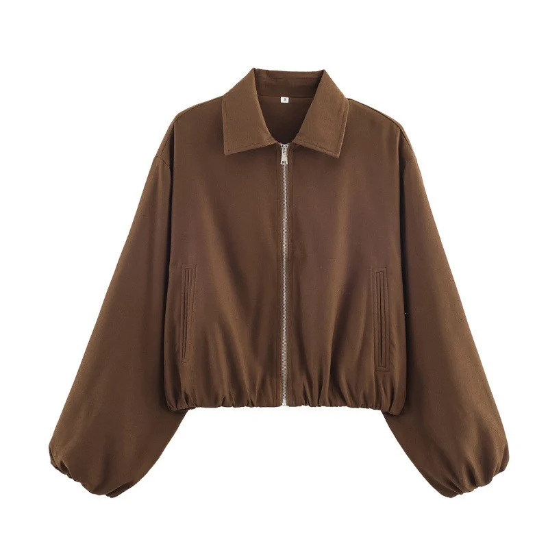 Damen Gepunktete Cropped-Bomberjacke im Retro-Look mit Hemdkragen und elastischem Saum Nord Taschen