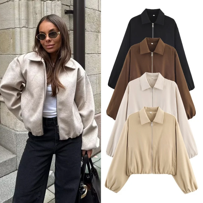 Damen Gepunktete Cropped-Bomberjacke im Retro-Look mit Hemdkragen und elastischem Saum Nord Taschen