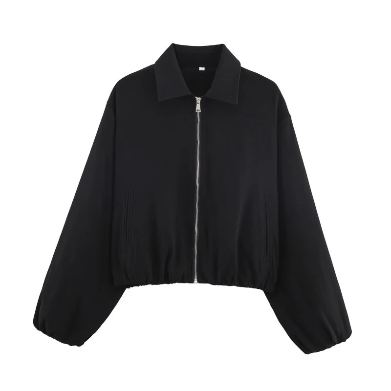 Damen Gepunktete Cropped-Bomberjacke im Retro-Look mit Hemdkragen und elastischem Saum Nord Taschen