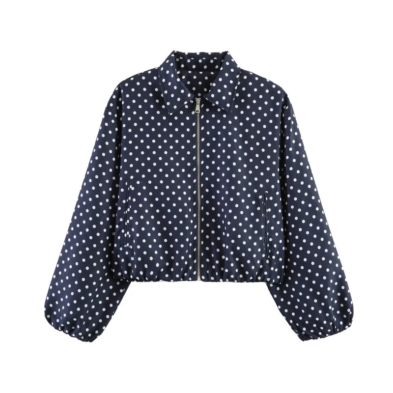 Damen Gepunktete Cropped-Bomberjacke im Retro-Look mit Hemdkragen und elastischem Saum Nord Taschen